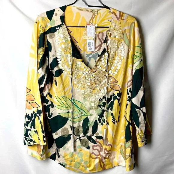 NWT SOFT SURROUNDINGS WO SIZ XL PETITE TUNIC TOP YELLOW BLACK SAGE FLORAL DESIGN - Picture 1 of 15